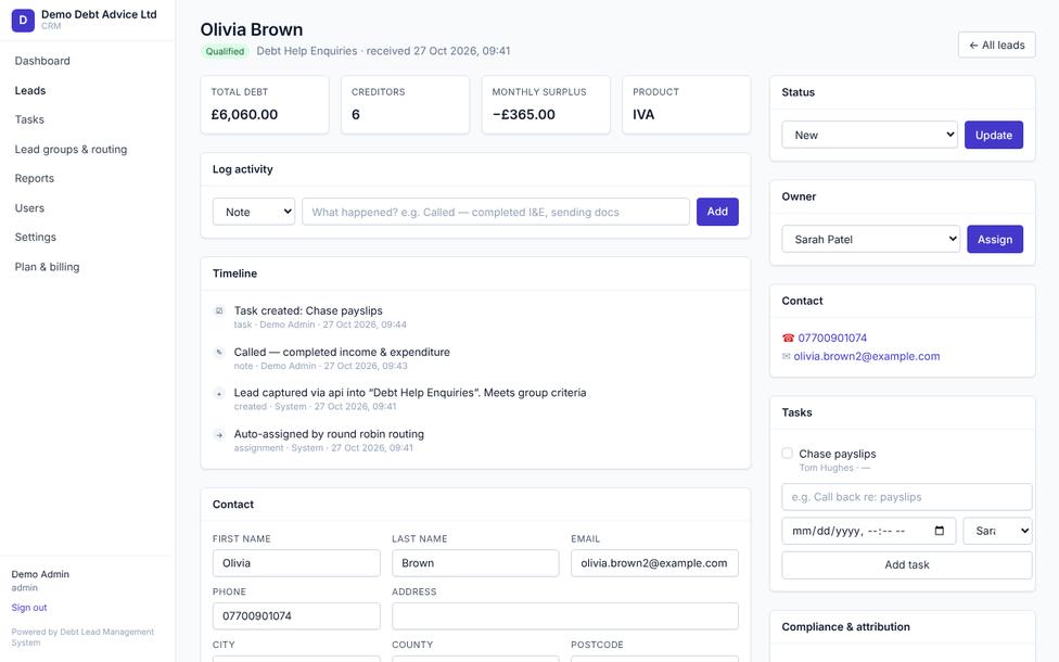 A lead record in Debt Lead Management System